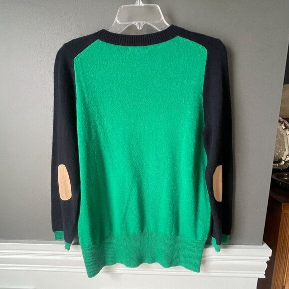 J. Crew Navy Green Colorblock Elbow Patch Cashmere Wool Sweater Womens Medium - Picture 4 of 8